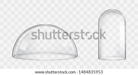 Various size and spherical shape glass domes or bell jars 3d realistic vectors isolated on transparent background. Laboratory tool, exhibition display case, dust cover, kitchen glassware illustration