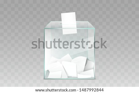 Square glass ballot box filled with blank white ballot paper sheets 3d realistic vector illustration isolated on transparent background. Democratic elections or confidential polling technology element