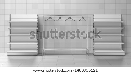 Two heavy racks with empty shelves, clothes hangers hanging on display stand in shop trading hall 3d realistic vector. Retail store supplies, trading business equipment and furniture illustration