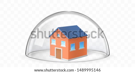 Cottage house building covered with transparent glass dome isolated 3d realistic vector illustration. Insurance for real estate, private property protection, house safety and home secure concept
