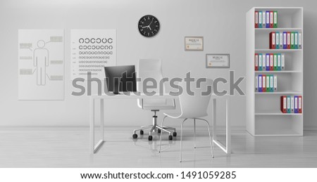 Ophthalmologist, ophthalmology clinic doctor office room interior with white chairs near work desk, binders on rack shelves, diplomas, medical scheme, eye chart on wall realistic vector illustration