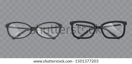 Old women, men eyeglasses with black plastic, round, rectangular frames and damaged, broken, cracked lenses glass front view, 3d realistic vector illustrations isolated on transparent background