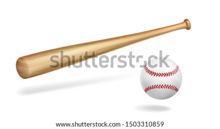 Wooden baseball bat and white leather ball with red strips perspective view, 3d realistic vector object isolated on white background with shadows. Competitive team sport equipment element illustration