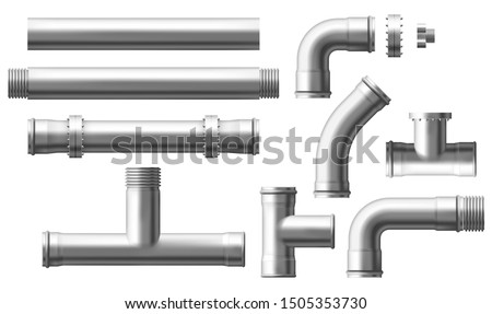 Stainless steel, metallic pipes, plumbing fittings. Water, fuel or gas supply system, oil refinery industry pipeline, house sewer bolted sections, parts isolated, 3d realistic vector illustration set Foto stock © 