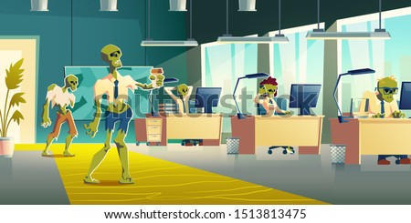 Exhausting office work concept. Female, male zombie characters in ragged clothing, working on computer, using cellphone at desks, walking with coffee cup in office interior cartoon vector illustration