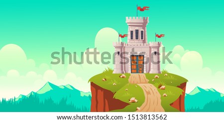Medieval castle, fort on cliff. Stone citadel, fairytale fortress, kings stronghold with flags on defense towers and forged, wooden gates. Far bastion, outpost in mountains cartoon vector illustration