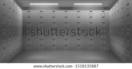 Bank safe boxes wall in vault. Individual deposit lockers in strongroom or underground secured storage 3d realistic vector illustration. Valuable possessions secure banking service concept background