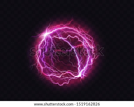 Electric ball, lightning circle strike impact place, plasma sphere in purple color isolated on dark background. Powerful electrical discharge, magical energy flash. Realistic 3d vector illustration