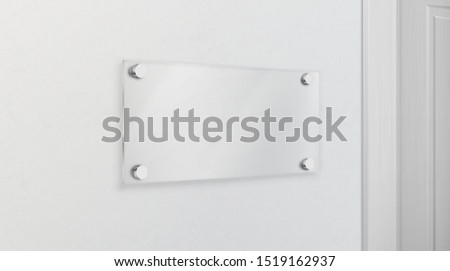 Empty glass name plate bolted to wall near doorway. Poster, banner empty holder, picture transparent frame mock-up. Office, exhibition gallery interior design element 3d realistic vector illustration