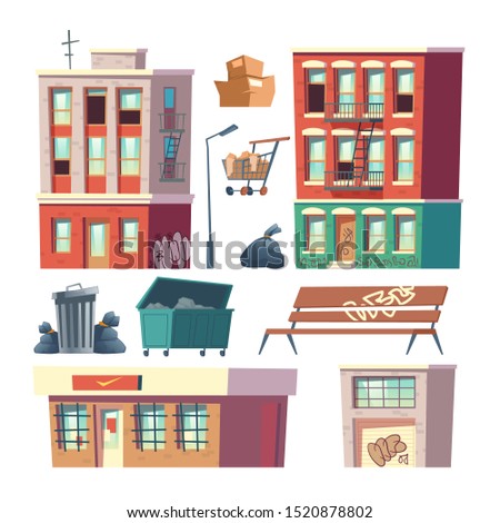 City ghetto buildings, town poor, depressive district architecture elements set. Gratifies on houses walls, store with grates on windows, trash containers cartoon vector illustration isolated on white