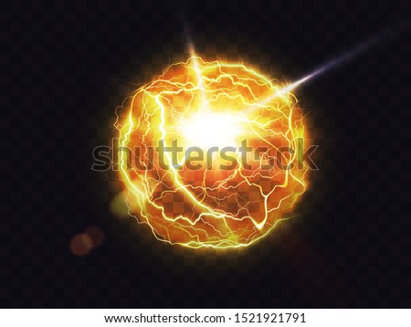 Electric ball, lightning fireball, strike impact place, plasma sphere in yellow color isolated on dark background. Powerful electrical discharge, magical energy flash Realistic 3d vector illustration