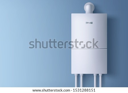 Boiler, electronic water heater hanging on blue wall. Home plumbing electric fixture with pipes for heating cold aqua. Energy and cash savings smart system equipment. Realistic 3d vector illustration