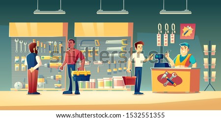 Customers in tools store, hardware construction shop buyer communicate with salesman near showcase shelves with diy instruments for carpentry works. Man pay on counter desk Cartoon vector illustration