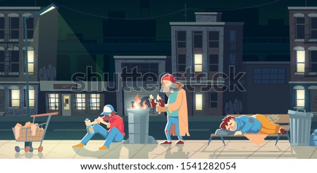 Homeless people in ghetto. Beggars and bums in ragged clothing sleeping on street, warming near barrel with fire, drinking alcohol, collecting garbage. Poor need help. cartoon flat vector illustration