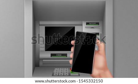 Atm and smartphone, hand holding mobile phone at automated teller machine screen. Nfc payment service online transaction and operation with money Bank finance terminal Realistic 3d vector illustration