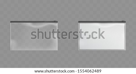 Clear plastic zipper bags isolated on transparent background. Vector set of translucent pockets sealed by black ziplock. Empty packet and package with blank paper. Realistic 3d mockup