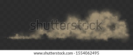 Road dust cloud from driving car or motorbike. Vector realistic splash of dirty powder, sand and stones under the wheels. Grunge texture of dusty trail from speed motion isolated on transparent grid