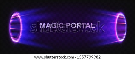 Magic portals on night scene. Purple round holograms with light rays and sparkls. Glowing futurictic teleport tunnel with copy space on black background