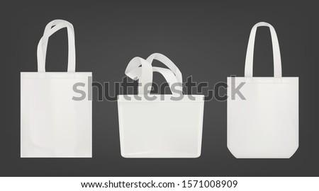 Tote shopping canvas bags. Vector mockup of realistic white reusable cotton ecobags different shapes isolated on gray background.