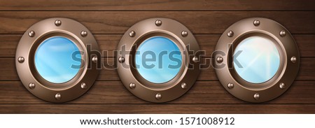 Ship bronze portholes on wooden wall with sky and sun view. Vector realistic shipboard interior with metal brass round windows illuminators with rivets