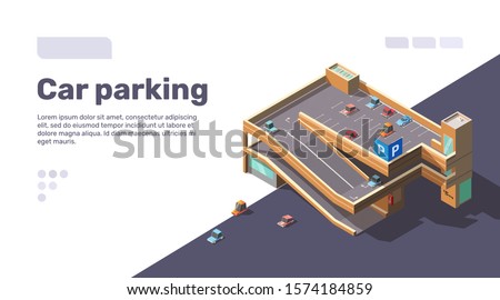 Isometric multi level car parking with elevator. Multistory parking lot building with automobiles on roof. Vector flat infographic illustration of urban transport area with sample text