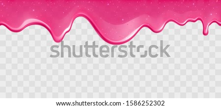 Dripping glossy pink slime with glitter isolated on transparent background. Border of shiny flowing sticky sweet goo. Vector template of cream, jelly or caramel glaze for cake or donut.