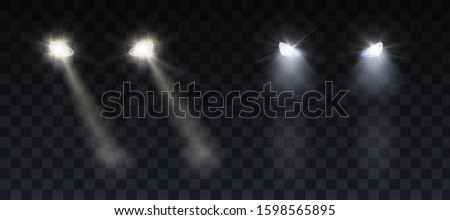 Car headlights shining on road in night. Vector realistic set of front triangle lamps flares and glow beams in darkness isolated on transparent background