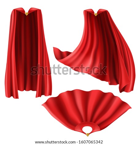 Red superhero cape, cloak with golden pin front and top view. Flying and fluttering on wind silk clothes for king, illusionist or vampire costume. Set of realistic mantle isolated on white background