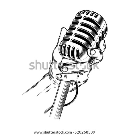 Vector illustration old microphone in hand made in engraving style