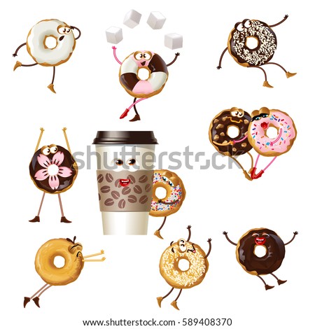 Set icons cartoon characters donuts
