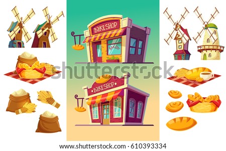 Vector cartoon illustration of two bakeries with various facades and signboards, a set of icons for a bakery freshly baked bread, wheat ears, flour bags, windmills