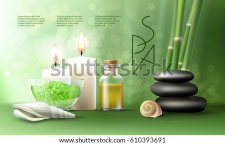 Vector illustration of a realistic style, set for spa treatments with aromatic salt , massage oil, candles on the background of bamboo shoots. Excellent green advertising poster for the spa salon.