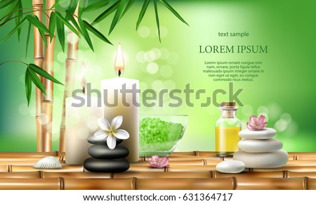 Vector illustration of a realistic style, set for spa treatments with aromatic salt, massage oil, candles on the background of bamboo shoots. Excellent green advertising poster for the spa salon.