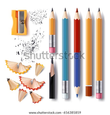 Set of vector illustrations in realistic style sharpened pencils of various lengths with a rubber and without, a sharpener, pencil shavings and a graphite isolated on white