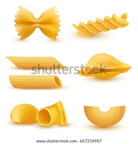 Vector illustration set of realistic icons of dry macaroni of various kinds, pasta, fusilli, conchiglio, rigatoni, farfalle, penne isolated on white background