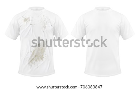 Set of vector illustrations of a white T-shirt with a dirty stain and clean, before and after dry cleaning, isolated on a white background. Print, template, design element