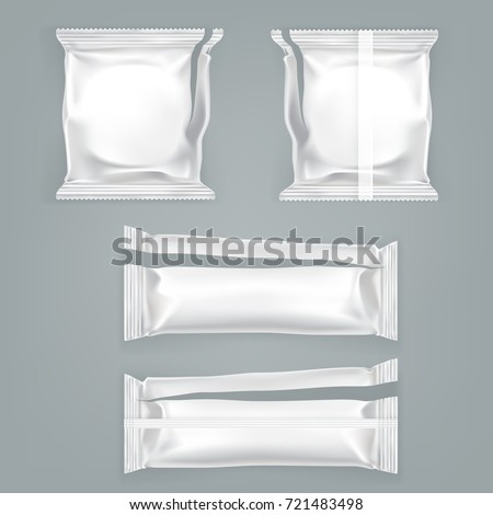 Torn plastic or foil square and rectangular food packages isolated realistic vector illustration. Opened cookies, crackers, chocolate bar pack template. White blank product mock-up for brand ad design Stock fotó © 