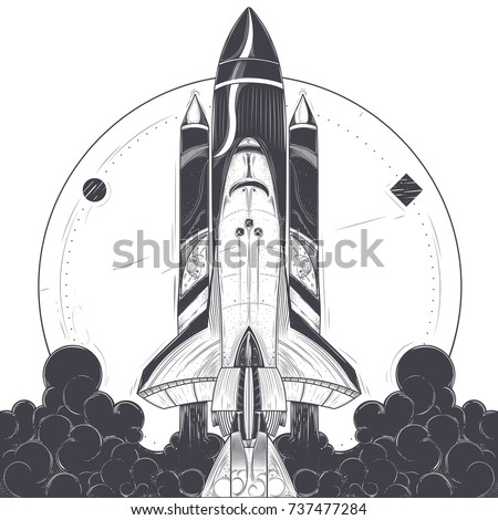 Space shuttle take-off with fire and smoke exhaust from engines engraved vector illustration on white background. Modern spacecraft launch, reusable spaceship with carrier rocket start print or tattoo