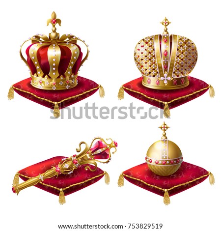 Golden royal crowns, scepter with gem stone and globus cruciger lying on  red  ceremonial pillow with tassels realistic vector illustrations set isolated on white background. Symbols of monarchy power