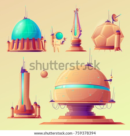 Set of unidentified space objects, UFO, ships of extraterrestrial alien invaders,  research stations, vector cartoon illustrations. Elements for game design.