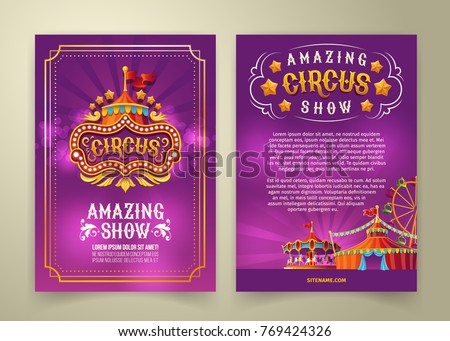 Vector circus flyer, cartoon banner, purple background with vintage emblem of the cirque and space for your text. Poster for advertising an amazing circus show, invitation, admission ticket