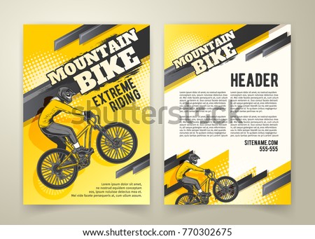 Vector flyer with ride on sports bicycle on yellow background, ad banners. Abstract poster of BMX competitions motocross template for promoting extreme mountain biking with cyclist and place for text