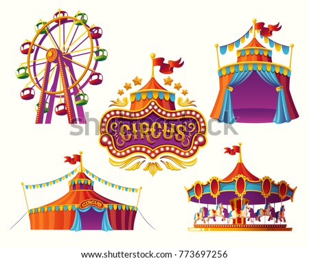 Set of vector illustrations of carnival circus icons with tent, carousels, flags isolated on white background.Print, design element.