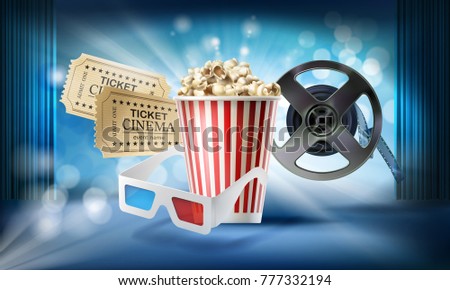 Cinema blue background. Concept 3d vector illustration with objects of film industry bucket with popcorn, glasses, movie tickets, reel, stage, curtain. Design template for poster, ad, banner