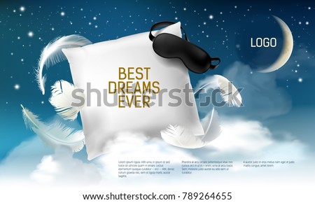 Vector illustration with realistic 3d square pillow with blindfold on it for the best dreams ever, comfortable sleep. Soft cushion. Relaxation, sleeping concept. Night, clouds, stars background.