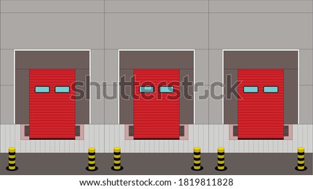 Large distribution warehouse with gates for loading goods. Facade
