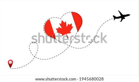 Airplane flight route with the Canada flag inside the heart. Travel to your beloved country. Vector illustration.