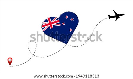 Airplane flight route with the New Zealand flag inside the heart. Travel to your beloved country. Vector flat illustration.