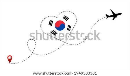 Airplane flight route with the Republic of Korea flag inside the heart. Travel to your beloved country. Vector flat illustration.