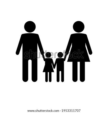 Happy family icon. Two children, dad and mom, stand together. Vector flat illustration.